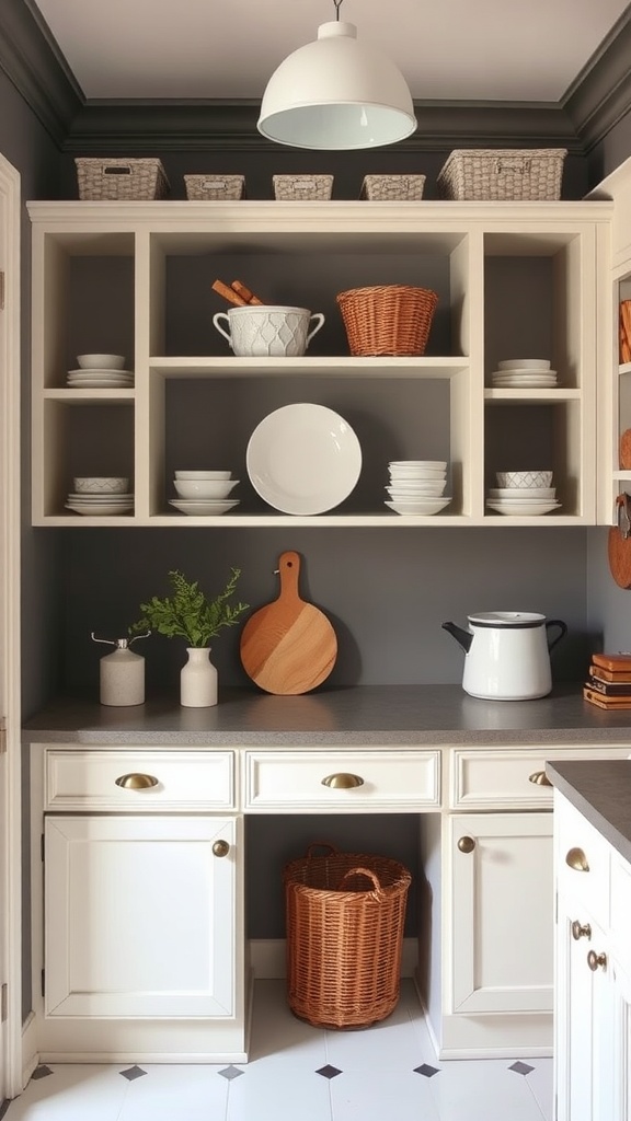 Cozy butler's pantry with open shelving, dishes, and decorative baskets.