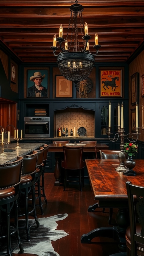 A dark Western kitchen featuring leather bar stools, an iron chandelier, wooden ceiling, and Western-themed artwork.