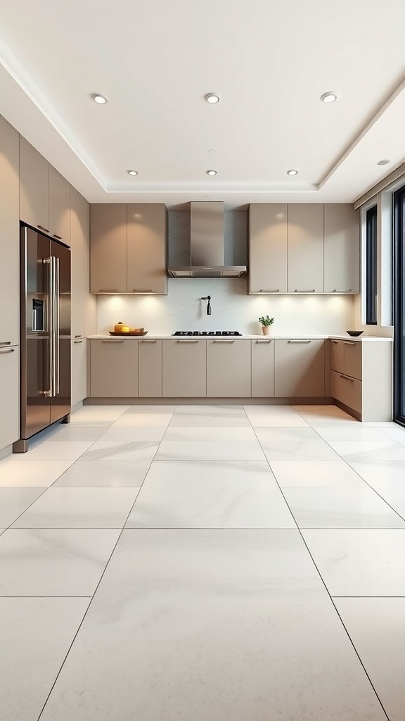 A modern kitchen featuring large-format porcelain tiles with a light marble pattern, beige cabinetry, and recessed lighting.