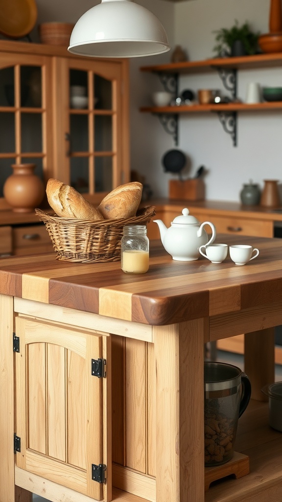 Cozy wooden kitchen island with a basket of bread, teapot, and jars on top.