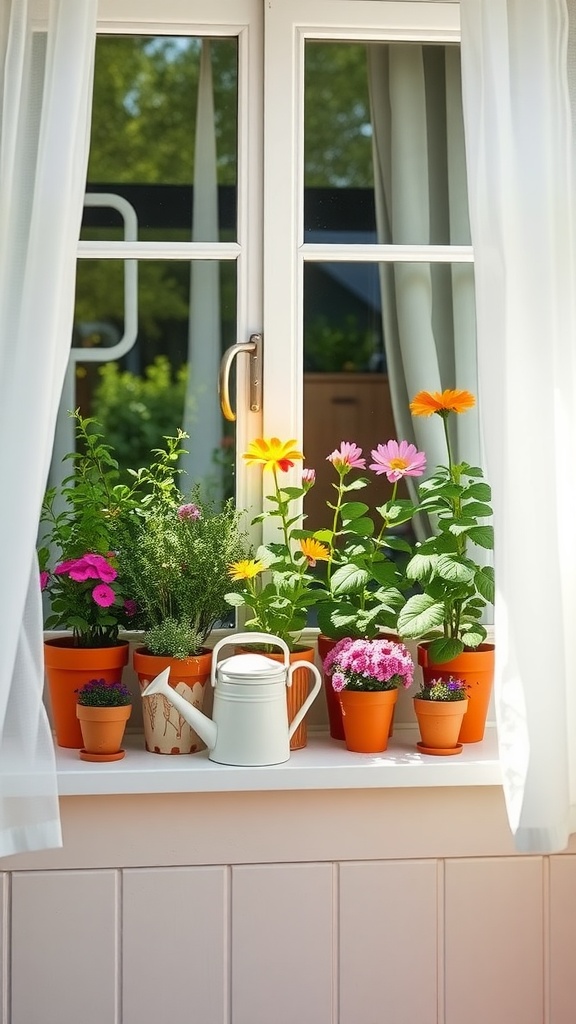 A kitchen window with flower pots, including daisies, petunias, and herbs, decorated with a watering can.