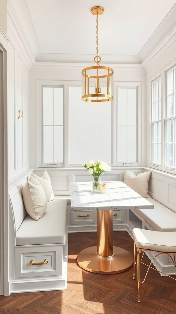 Bright and airy kitchen nook featuring white walls, a gold light fixture, and a marble table.