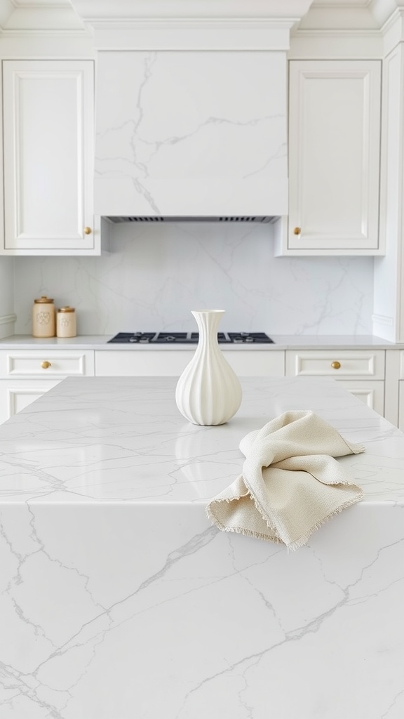 A marble kitchen island with a vase and a textured cloth, set in a clean, modern kitchen.