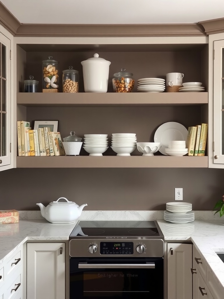 Classic open kitchen shelving with white dishware and glass jars