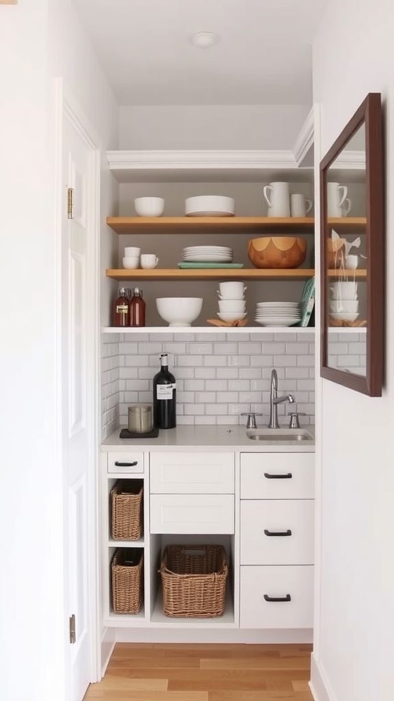 A cozy butler's pantry in a small nook with shelves of dishes and a small sink.