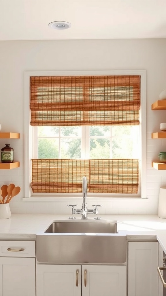 A kitchen window above the sink featuring woven bamboo shades, complemented by a stainless steel sink and white cabinetry.