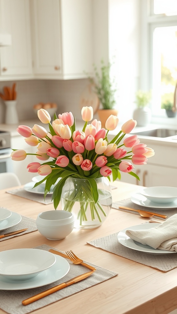 A spring kitchen table decor featuring a vibrant bouquet of tulips, white dishware, and a natural wooden table.