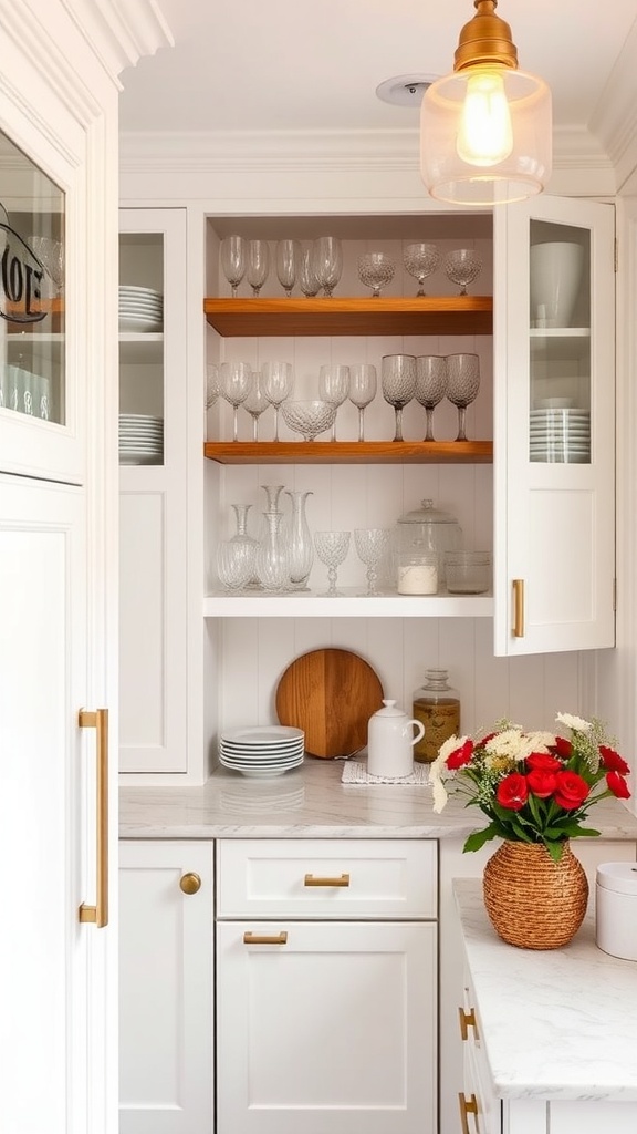 Classic butler's pantry featuring open shelving with glassware and warm wooden accents.