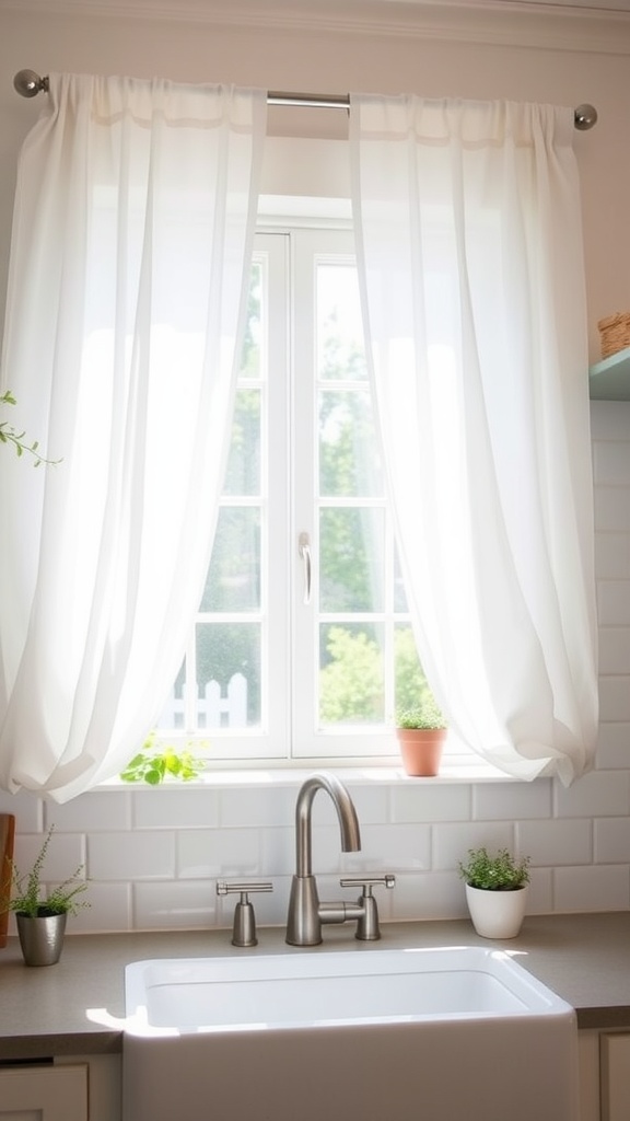 Bright kitchen window with sheer white curtains and small potted plants on the sill.