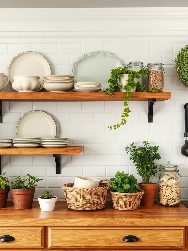 Open kitchen shelves with plates, jars, and plants, creating a cozy farmhouse style.