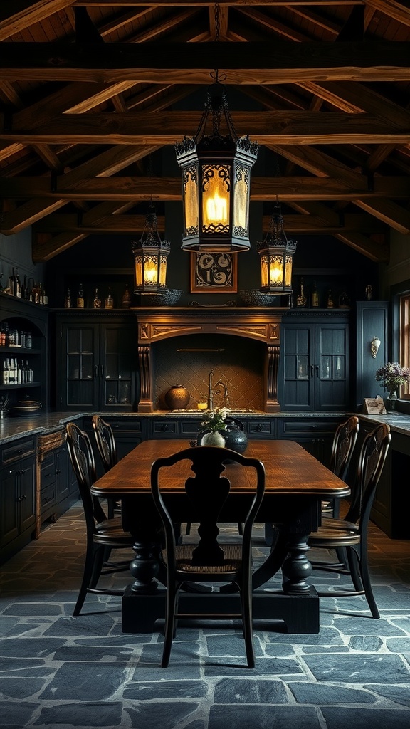 Gothic farmhouse kitchen featuring dark wood beams, iron accents, and a rustic dining table with elegant chairs.