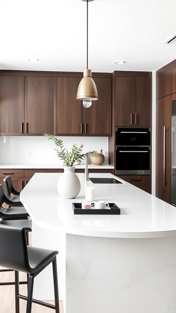 Modern minimalist kitchen with a white island, dark wood cabinets, and stylish decor