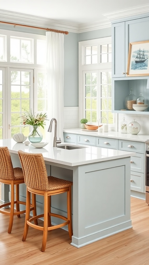 A bright coastal kitchen featuring soft blue cabinetry, a white countertop, woven bar stools, and large windows.