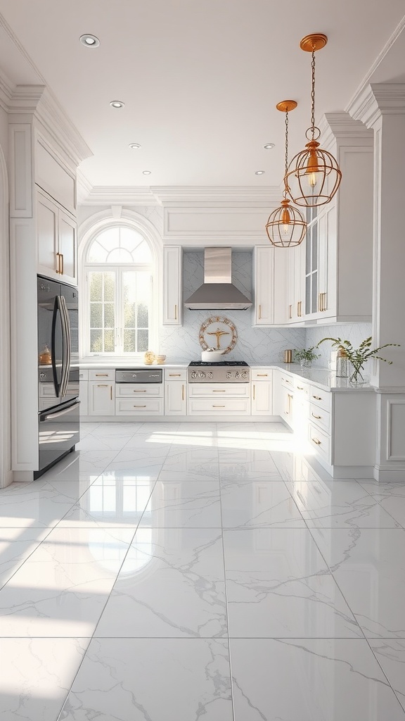 A bright kitchen featuring large white marble tiles with gray veining, complemented by elegant cabinetry and gold fixtures.