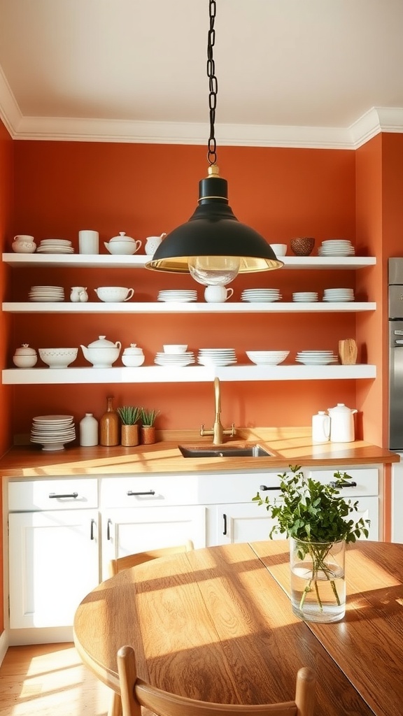 Cozy kitchen with terracotta walls, open shelves of white dishes, wooden table, and a modern light fixture.