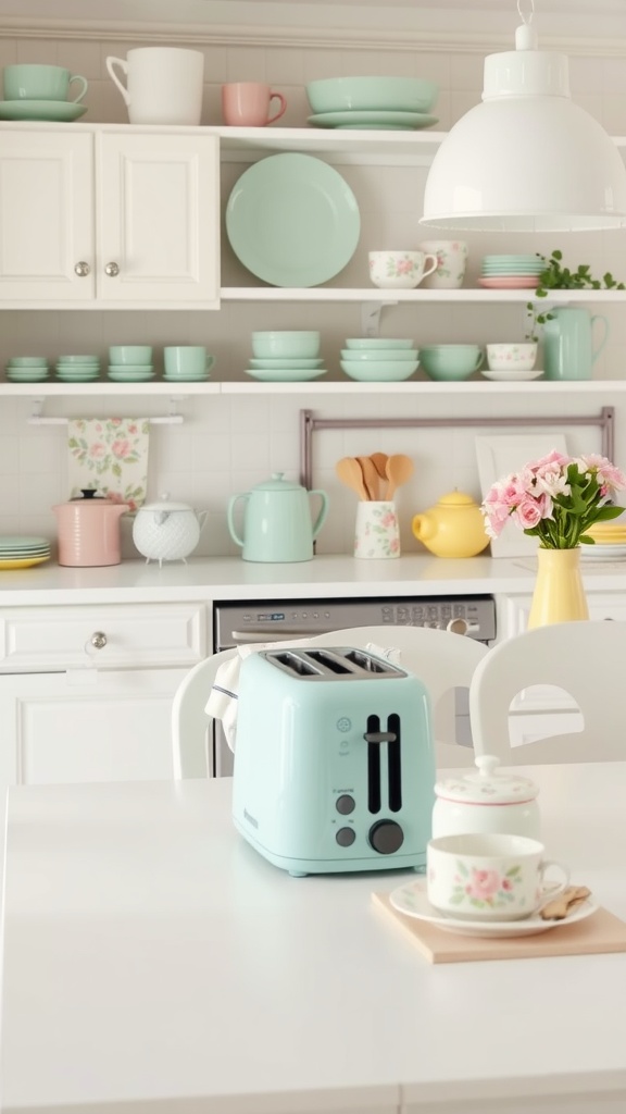 A pastel-themed kitchen with light-colored dishware, a mint green toaster, and flowers on the table.