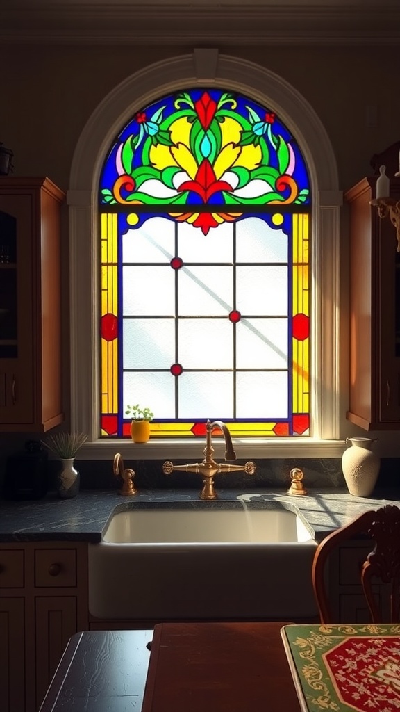 A vibrant stained glass window above a farmhouse sink with brass fixtures in a cozy kitchen