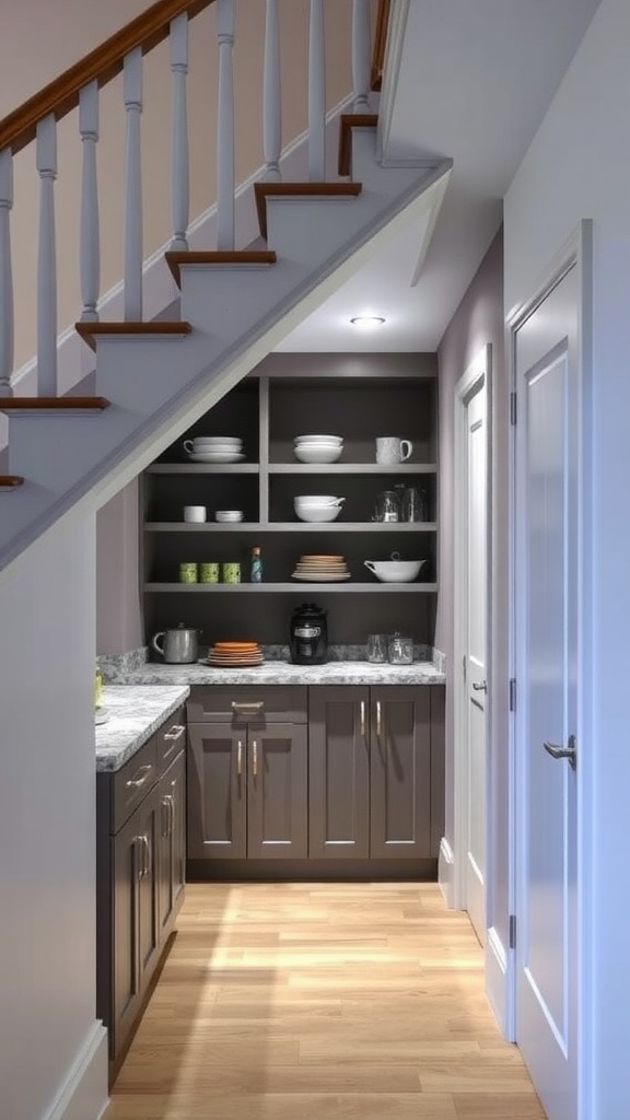 A butler's pantry located under the stairs featuring dark cabinets and open shelving