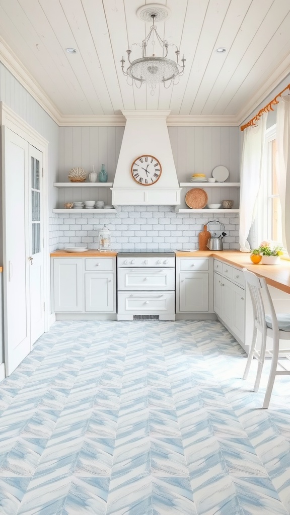 Coastal kitchen with light blue and white floor tiles, featuring white cabinets and a chandelier.