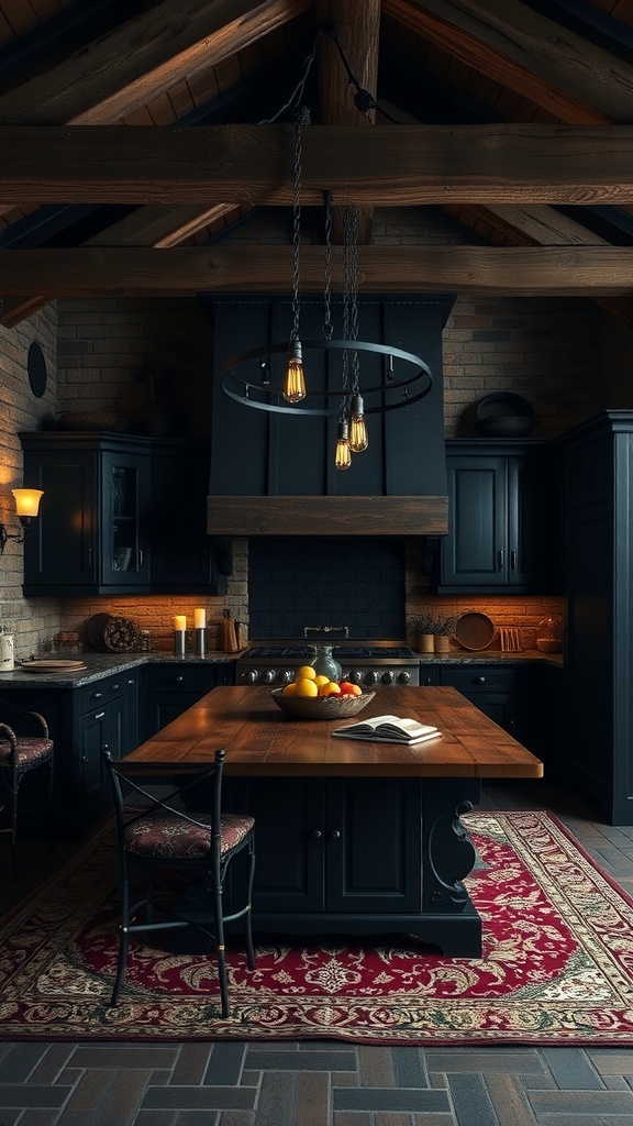 A dark rustic kitchen featuring stone walls, heavy wooden beams, and a large island with a bowl of fruit.