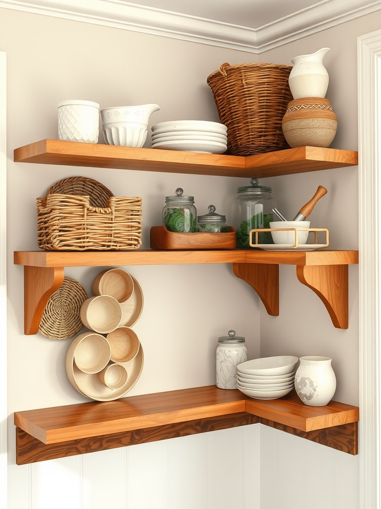 Farmhouse-inspired corner shelves featuring wooden shelves, baskets, and dishware.