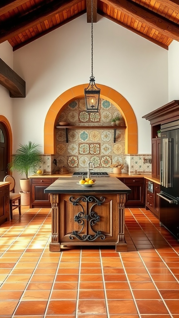 A hacienda-style kitchen featuring terracotta tiles, a wooden island with intricate detailing, and patterned tiles on the wall.