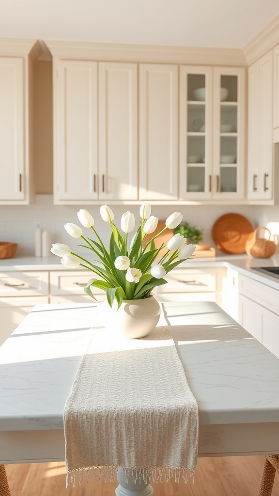 A bright kitchen with white tulips in a vase on a table, showcasing a neutral spring decor.