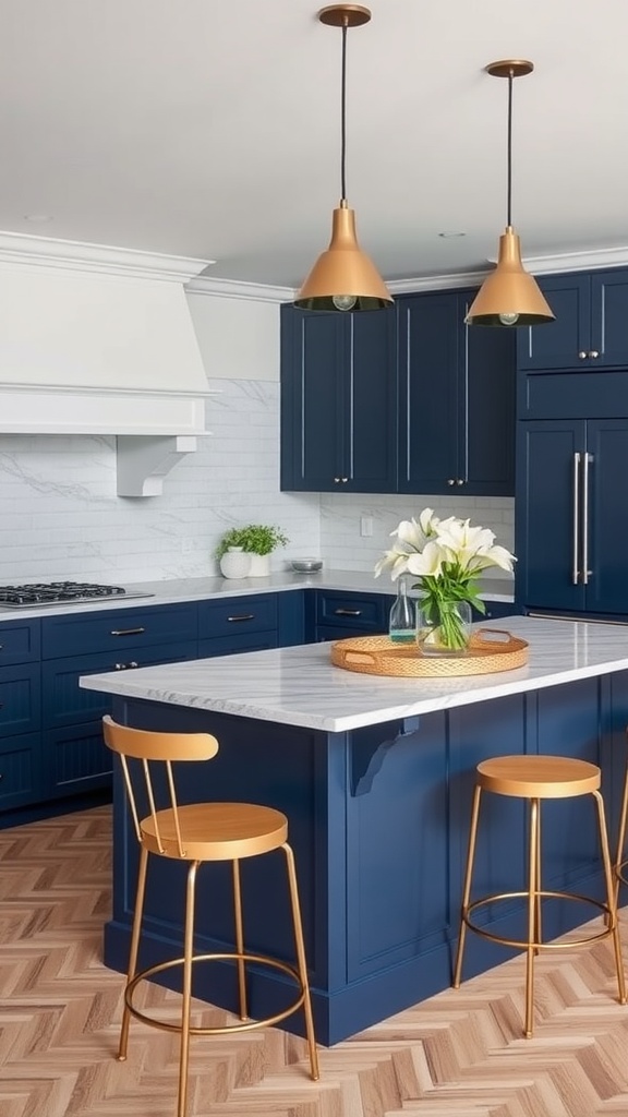 A modern kitchen featuring a blue island, gold accents, and a marble countertop.