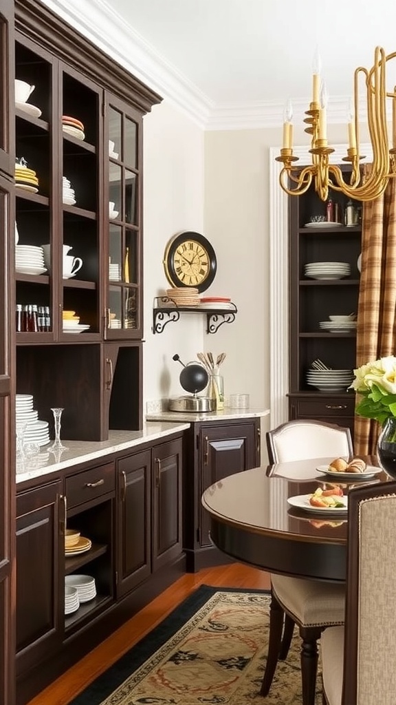 A butler's pantry in a dining room featuring shelves with dishes, bottles of wine, and a bowl of fruit.