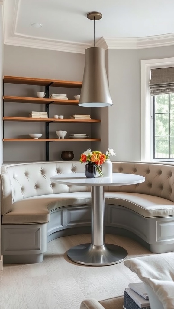 Cozy kitchen nook with banquette seating and a round table, featuring soft upholstery and modern decor.