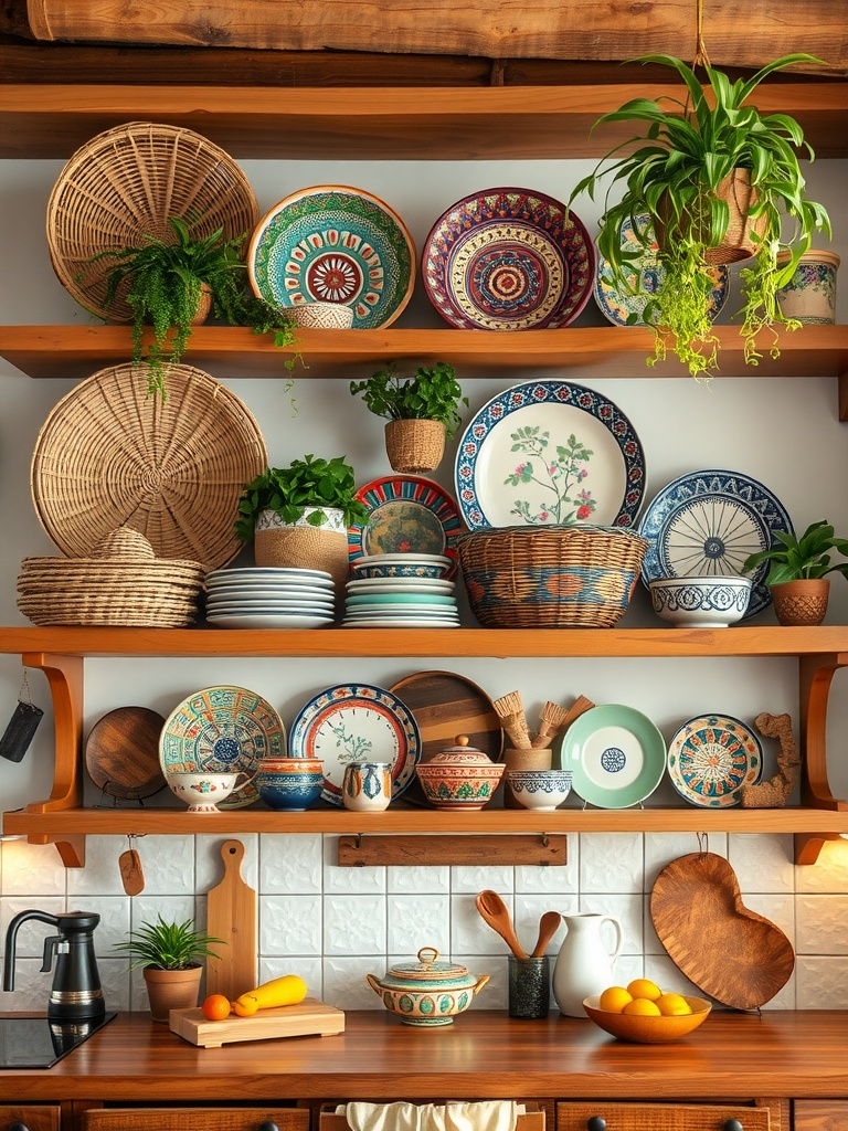 Rustic boho kitchen shelves filled with colorful dishes, woven baskets, and plants