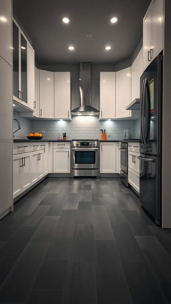 Modern kitchen featuring dark floor tiles, white cabinets, and stainless steel appliances