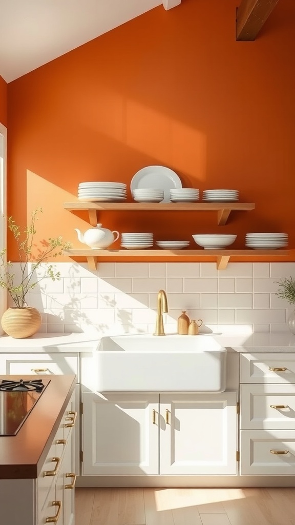 A cozy kitchen featuring terracotta walls and white cabinets, with a farmhouse sink and wooden shelves.