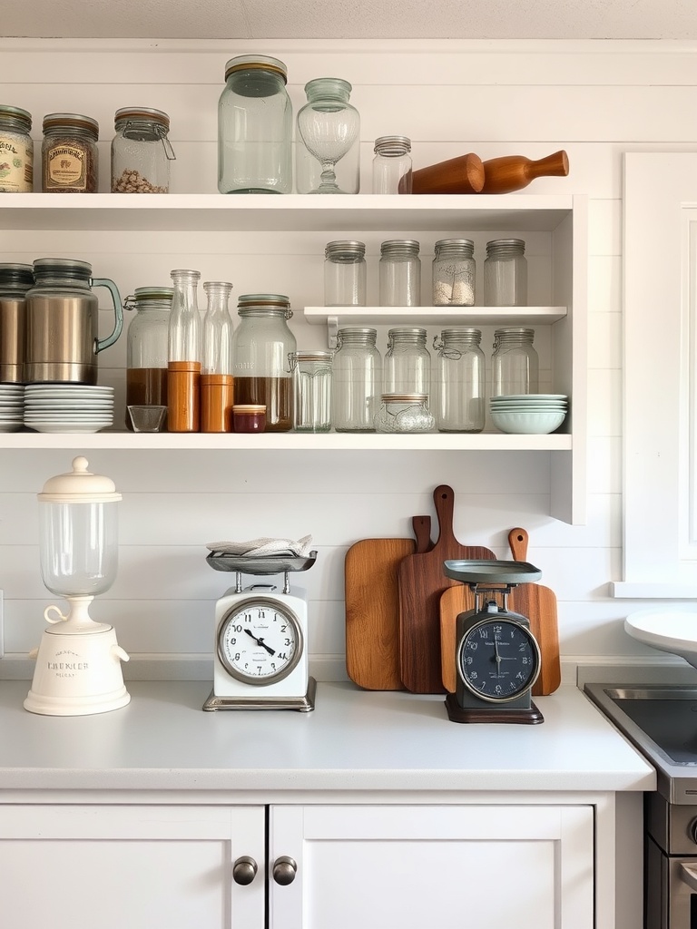 A warm farmhouse kitchen display featuring open shelves filled with glass jars, wooden items, and vintage scales.