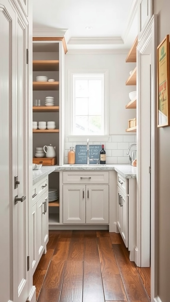 A well-designed butler's pantry in a hallway with wooden shelves and a small sink.