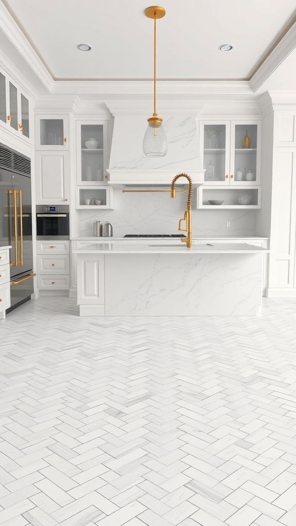 A classic kitchen featuring white marble herringbone tiles, white cabinets, and gold accents.