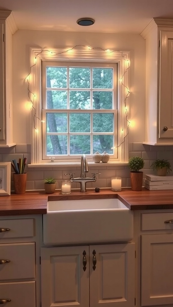 A kitchen window draped with fairy lights, enhancing the space's ambiance.