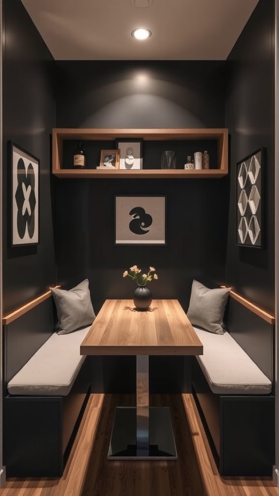 A minimalist kitchen nook featuring open shelving, a simple table, and a comfortable bench with pillows.