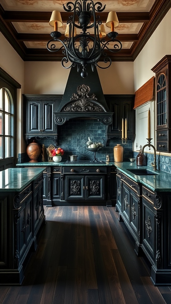 A moody European farmhouse kitchen featuring black cabinetry, ornate chandelier, and green countertops.