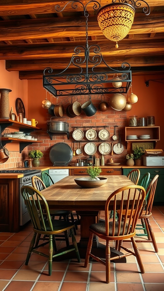 Rustic kitchen with terracotta accents and exposed brick walls featuring a wooden table surrounded by colorful chairs.