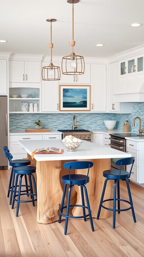 A kitchen featuring a driftwood-inspired island, white cabinetry, and light blue backsplash tiles.