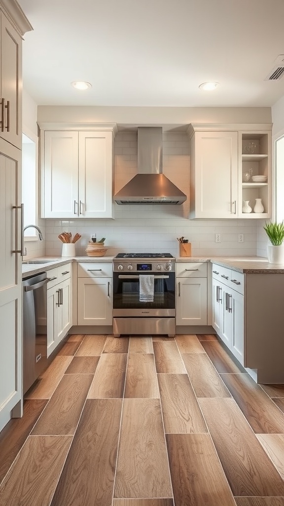 Stylish kitchen featuring budget-friendly vinyl tile flooring that resembles natural wood.