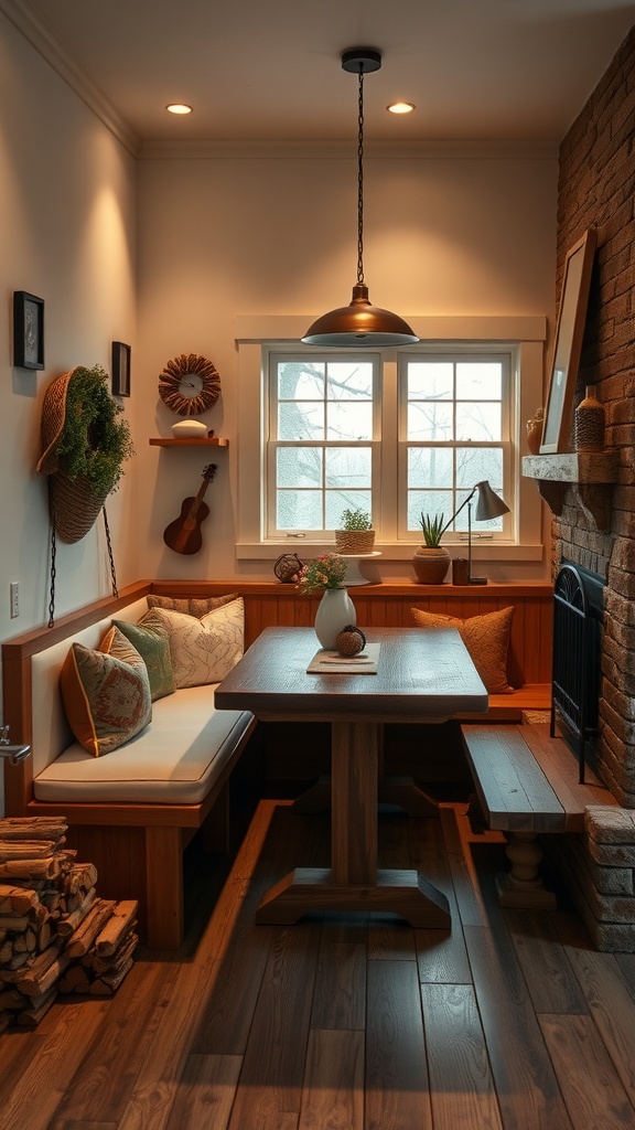 A cozy kitchen nook with a fireplace, featuring wooden seating, a table, and decorative elements.