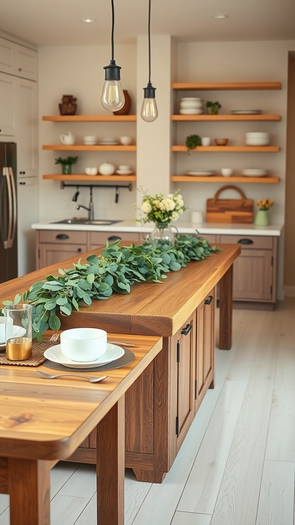 Stylish kitchen island with eucalyptus garland, wooden tableware, and modern lighting.