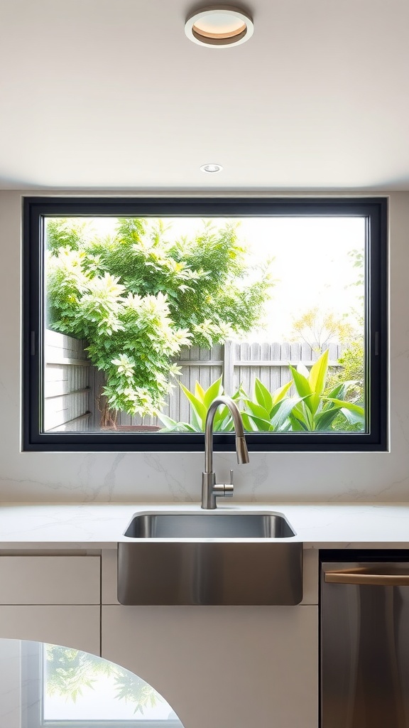 Frameless window above a kitchen sink with a view of green plants outside