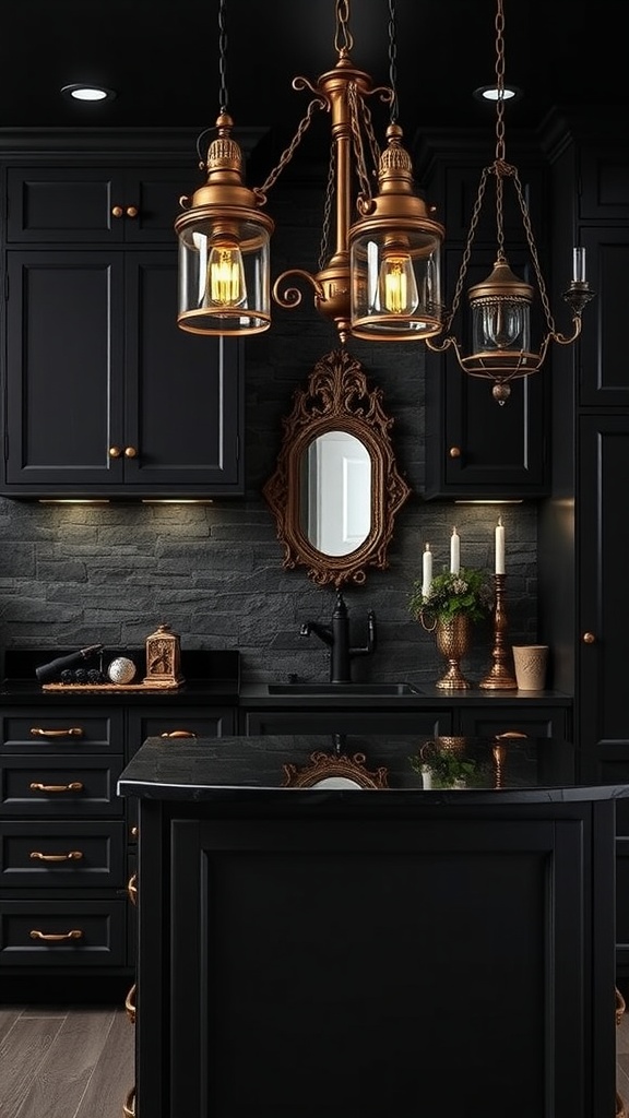 A modern kitchen featuring dark cabinetry, golden hardware, and gothic-style lantern lights.