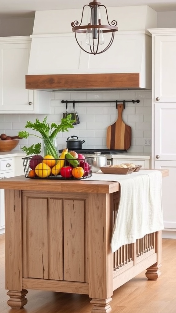 A wooden kitchen island with a wire basket of fruits and a white dish towel, surrounded by white cabinetry and a warm light fixture.