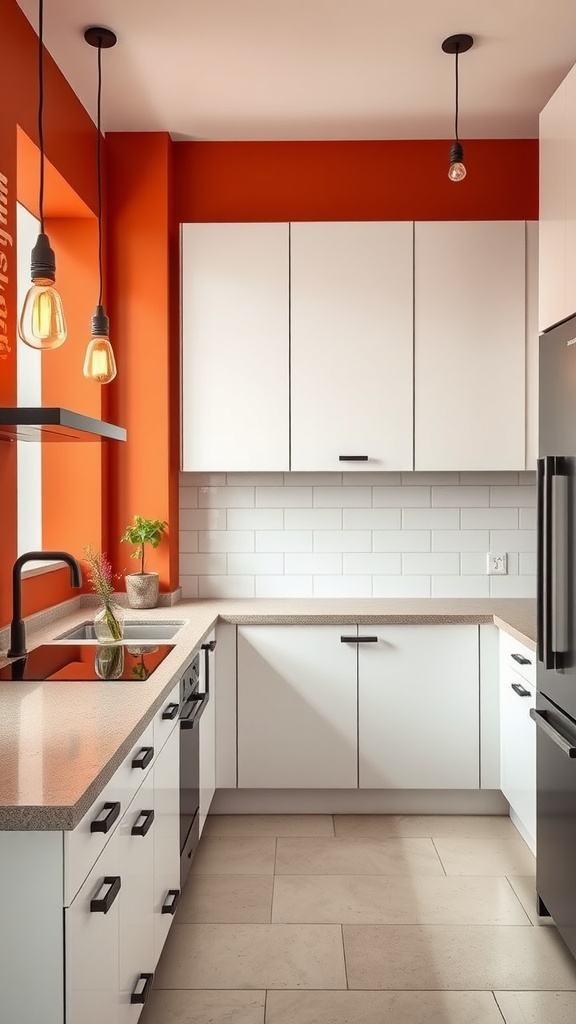 A modern kitchen featuring terracotta walls, white cabinets, and minimalist decor with industrial light fixtures.