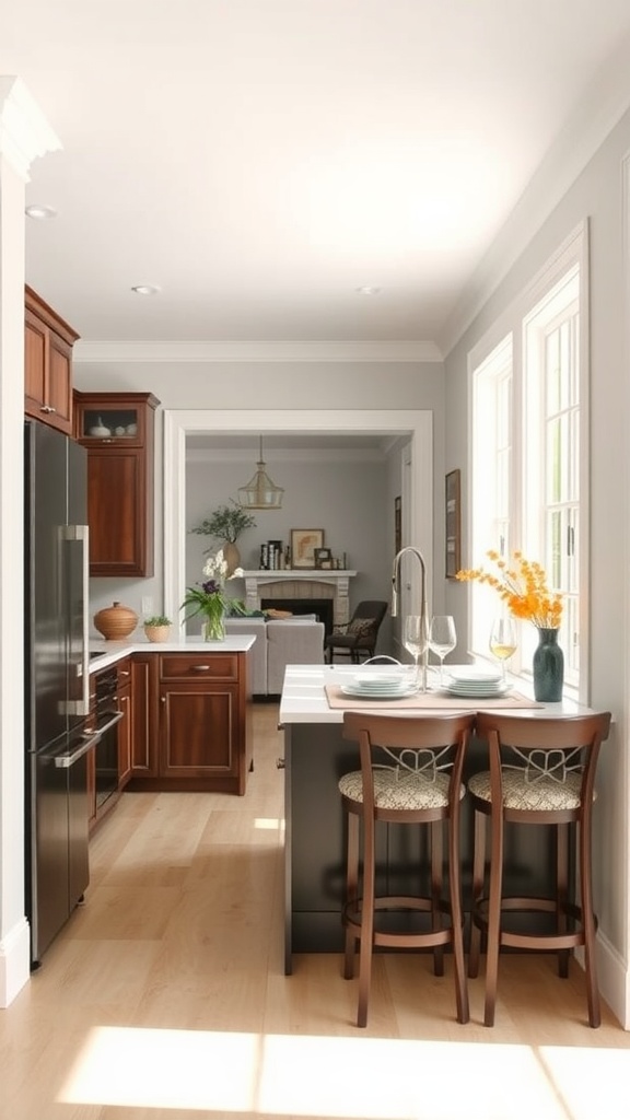 Open concept butler's pantry featuring a pass-through window, rich wood cabinetry, and inviting bar stools.