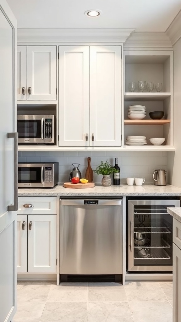 A modern butler's pantry featuring a microwave, dishwasher, and wine fridge with white cabinets and open shelving.